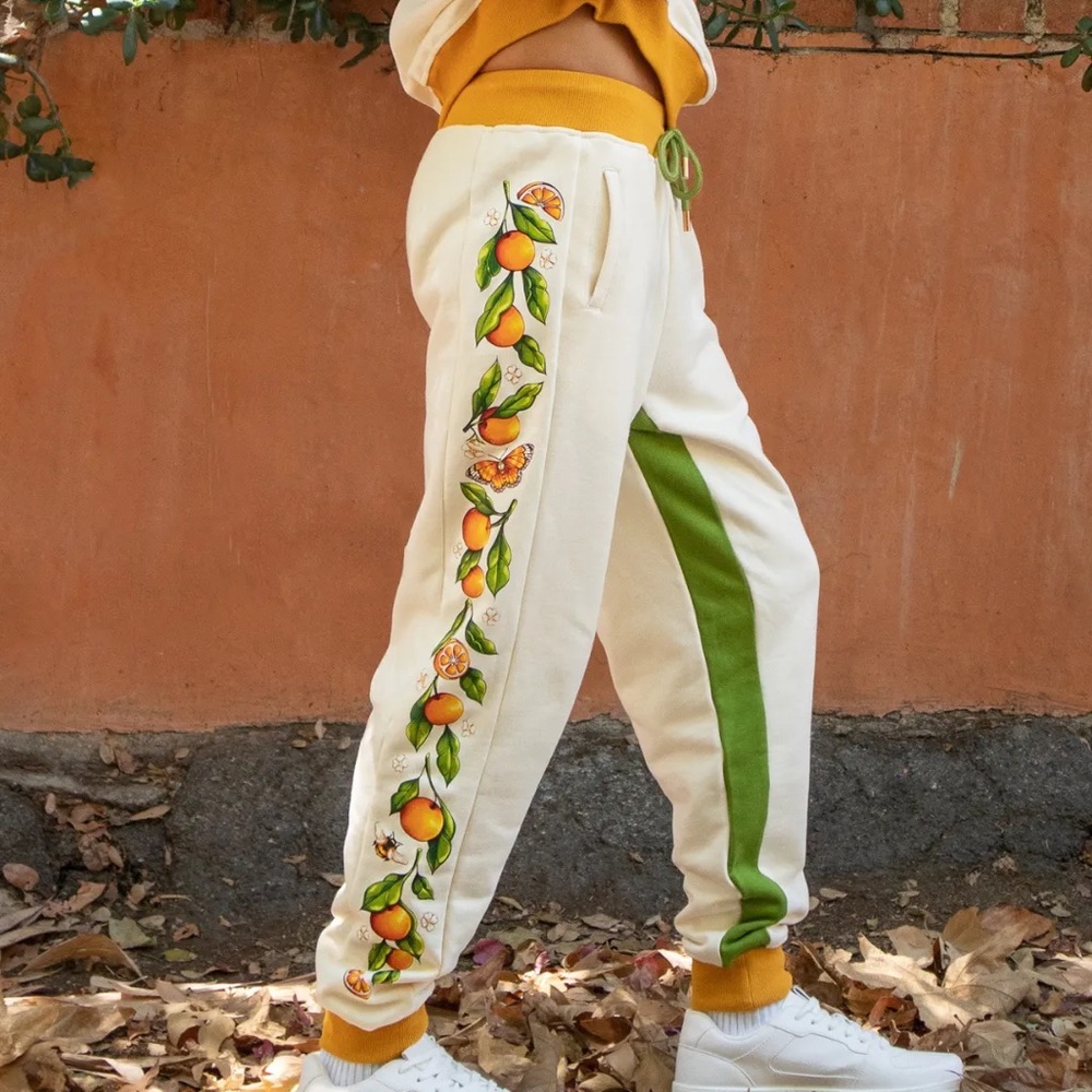 Cream and Orange Floral Track Pants with Botanical Print